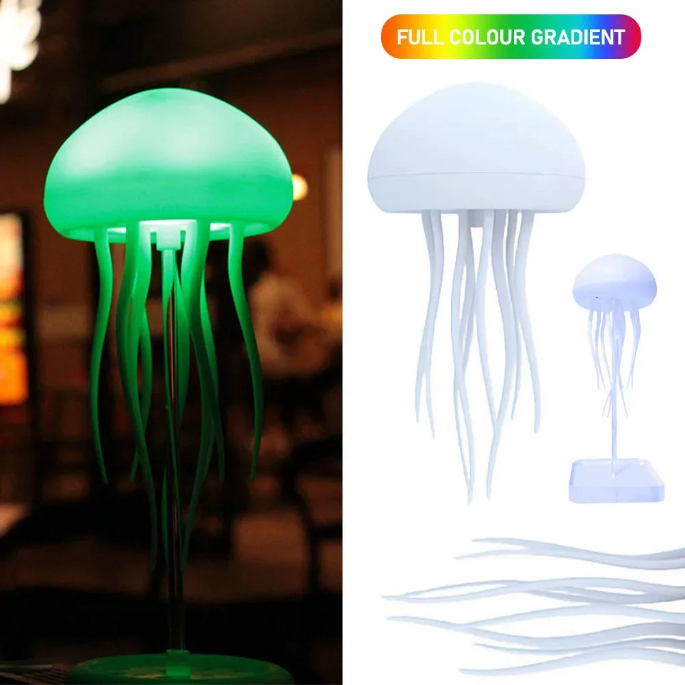 Jellyfish-shaped lamp with green color on a blurred background, and another jellyfish-shaped lamp in white on a white background.
