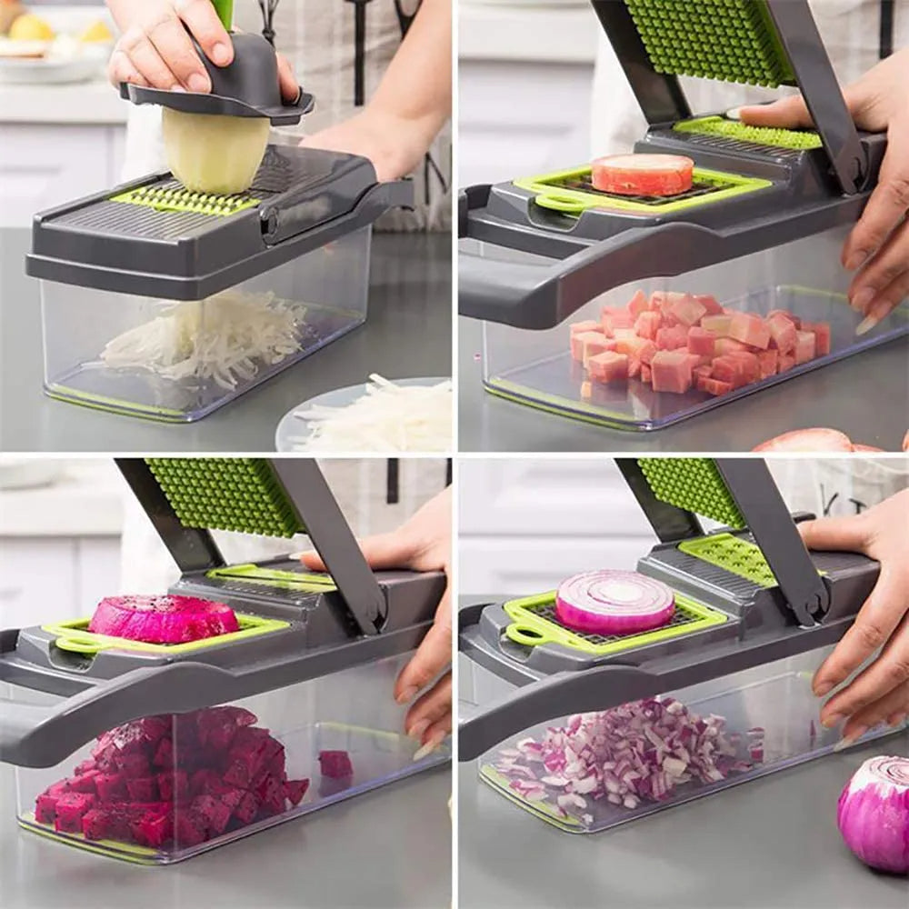 Hands using vegetable chopper to slice onions on kitchen counter