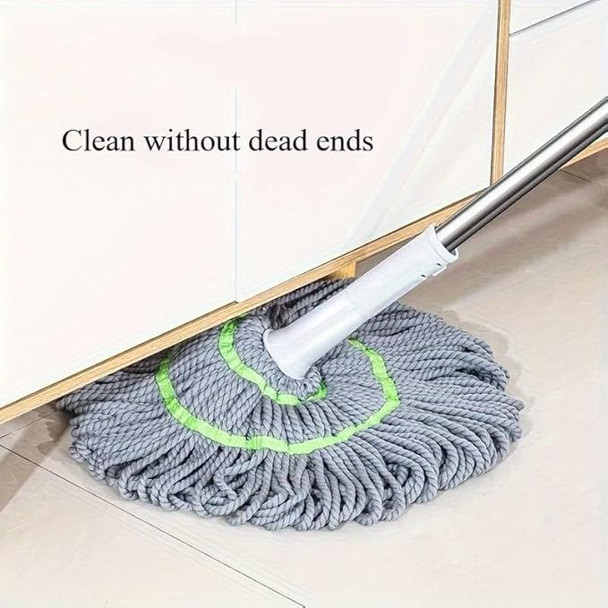 Mop cleaning a floor with text 'Clean without dead ends' on a white background