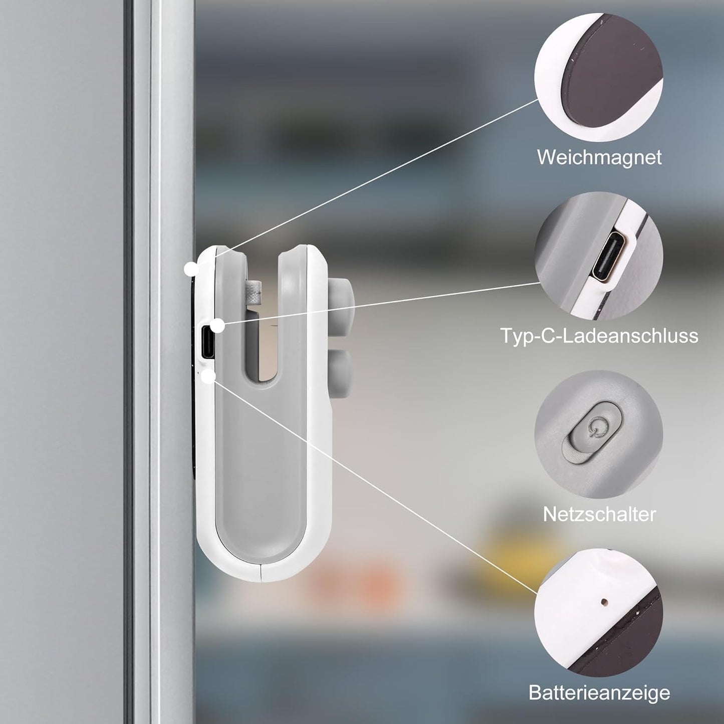 Close-up of a device with labeled components on a blurred background