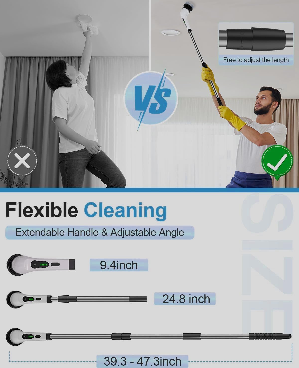 Comparison of a flexible cleaning tool with an extendable handle and adjustable angle, featuring two people using it.