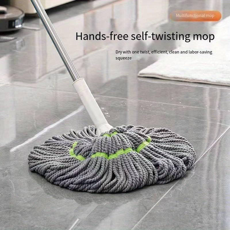 Hands-free self-twisting mop on a tiled floor with text describing its features.
