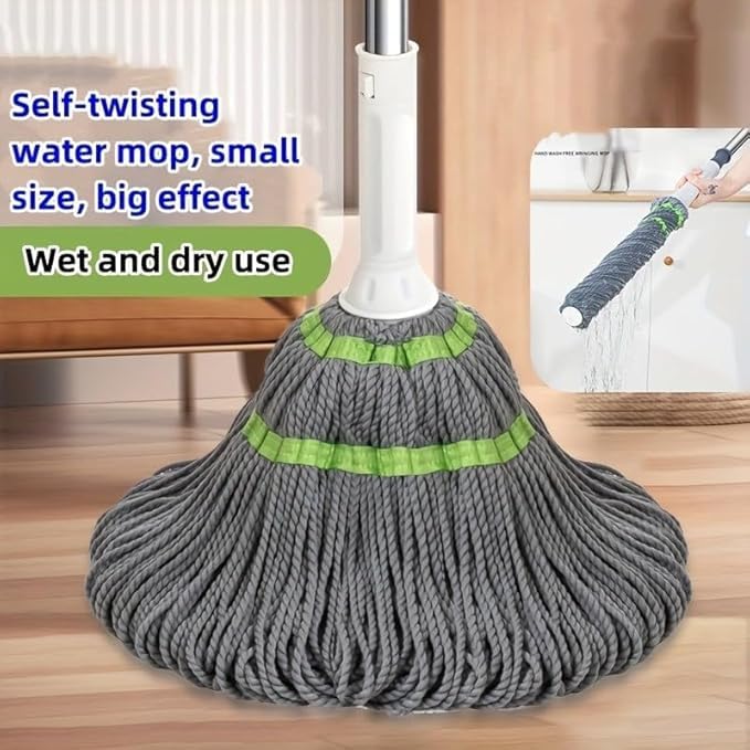 Gray mop with green bands on a wooden floor, with text about self-twisting water mop.