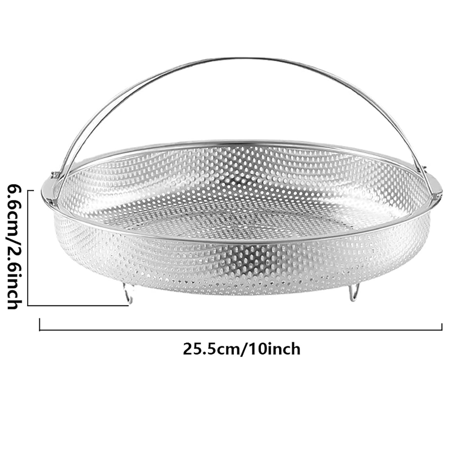 Metal steamer basket with dimensions on a white background