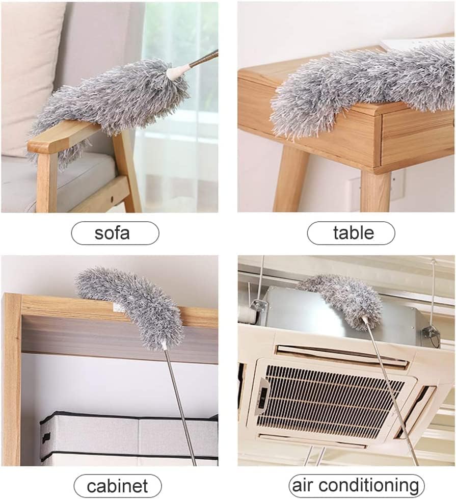 Gray feather duster used on various surfaces including a sofa, table, cabinet, and air conditioning unit.