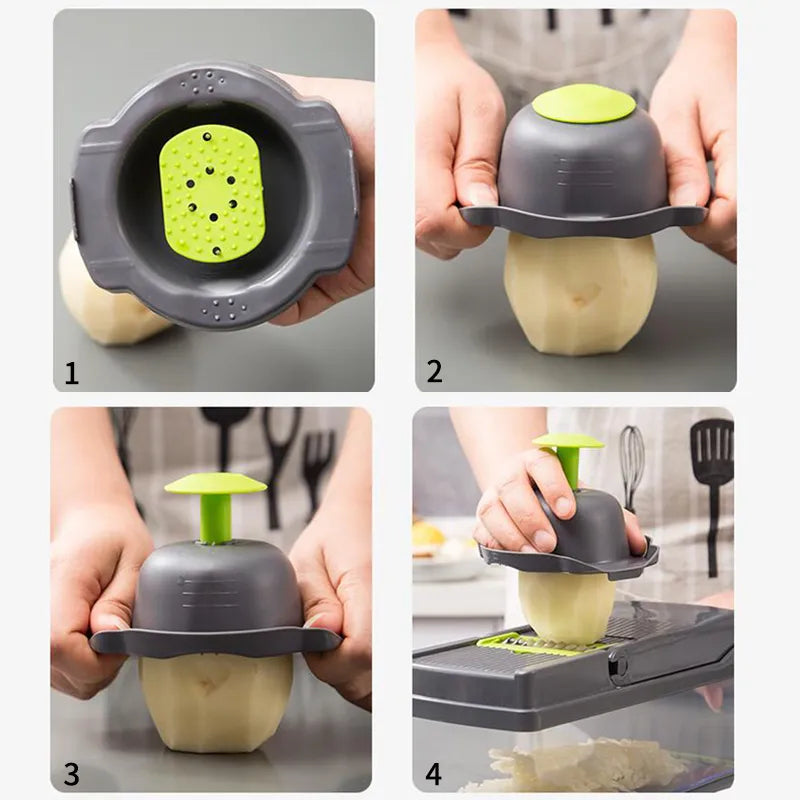 Step-by-step process of using a kitchen tool to peel a potato.