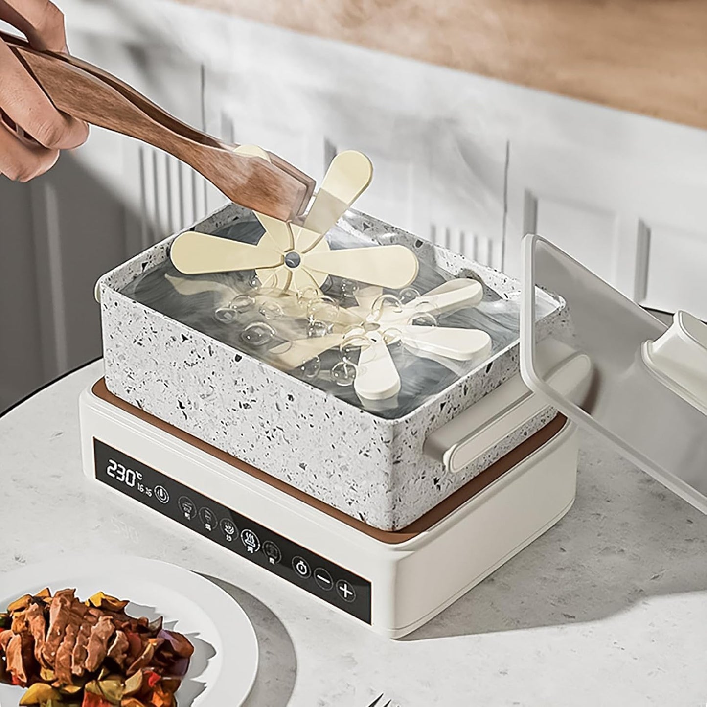 Tree-shaped silicone trivet set with stand in a modern kitchen setting