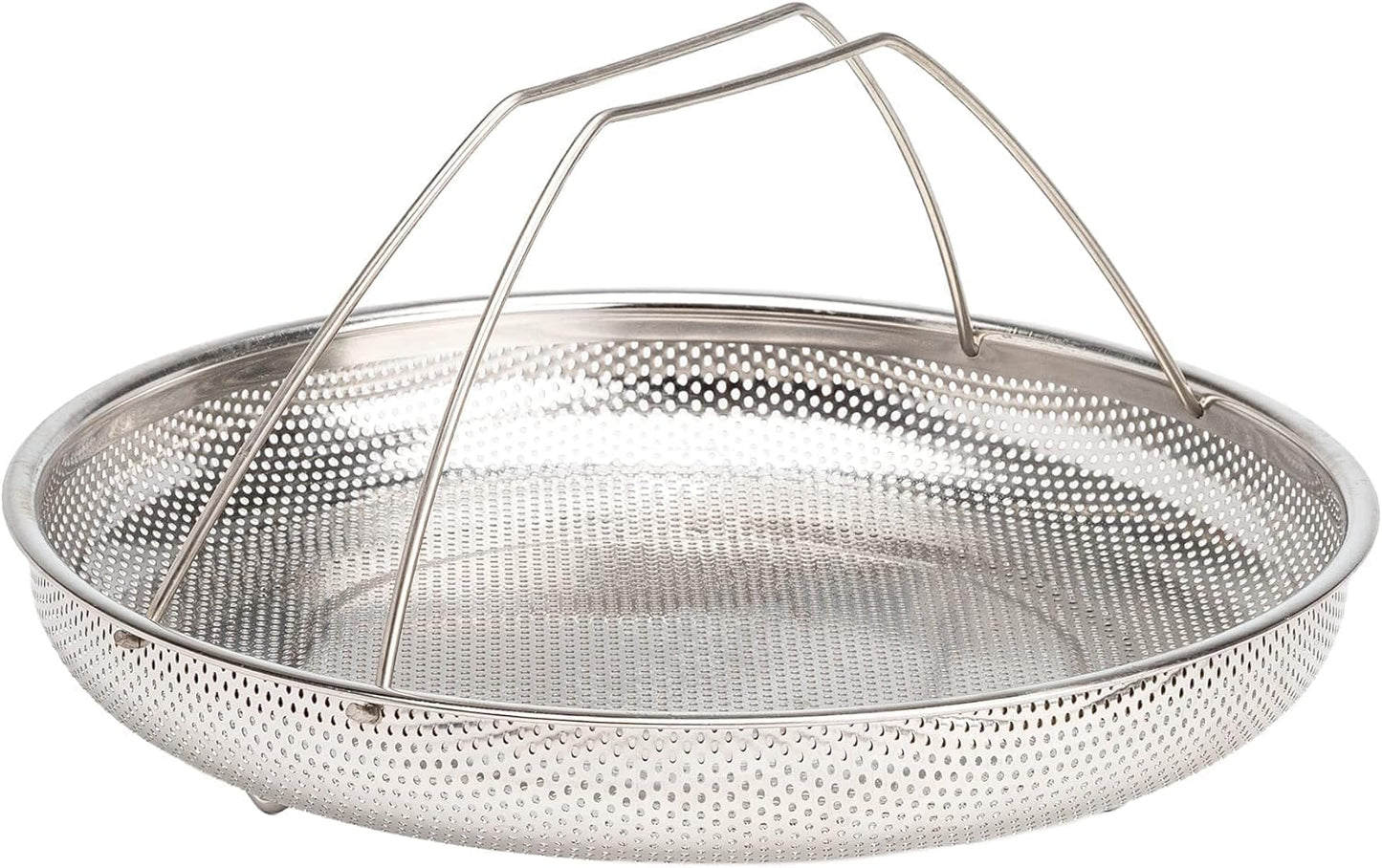 Stainless steel mesh steamer basket with perforated design on a white background