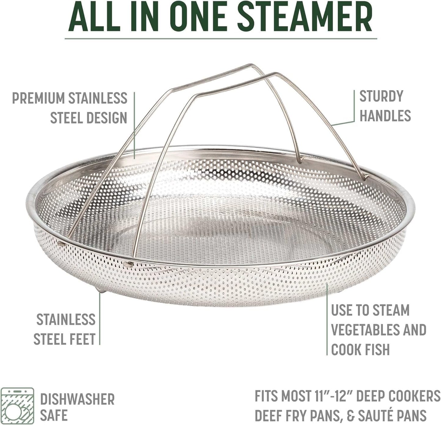 Stainless steel steamer with features highlighted on a white background