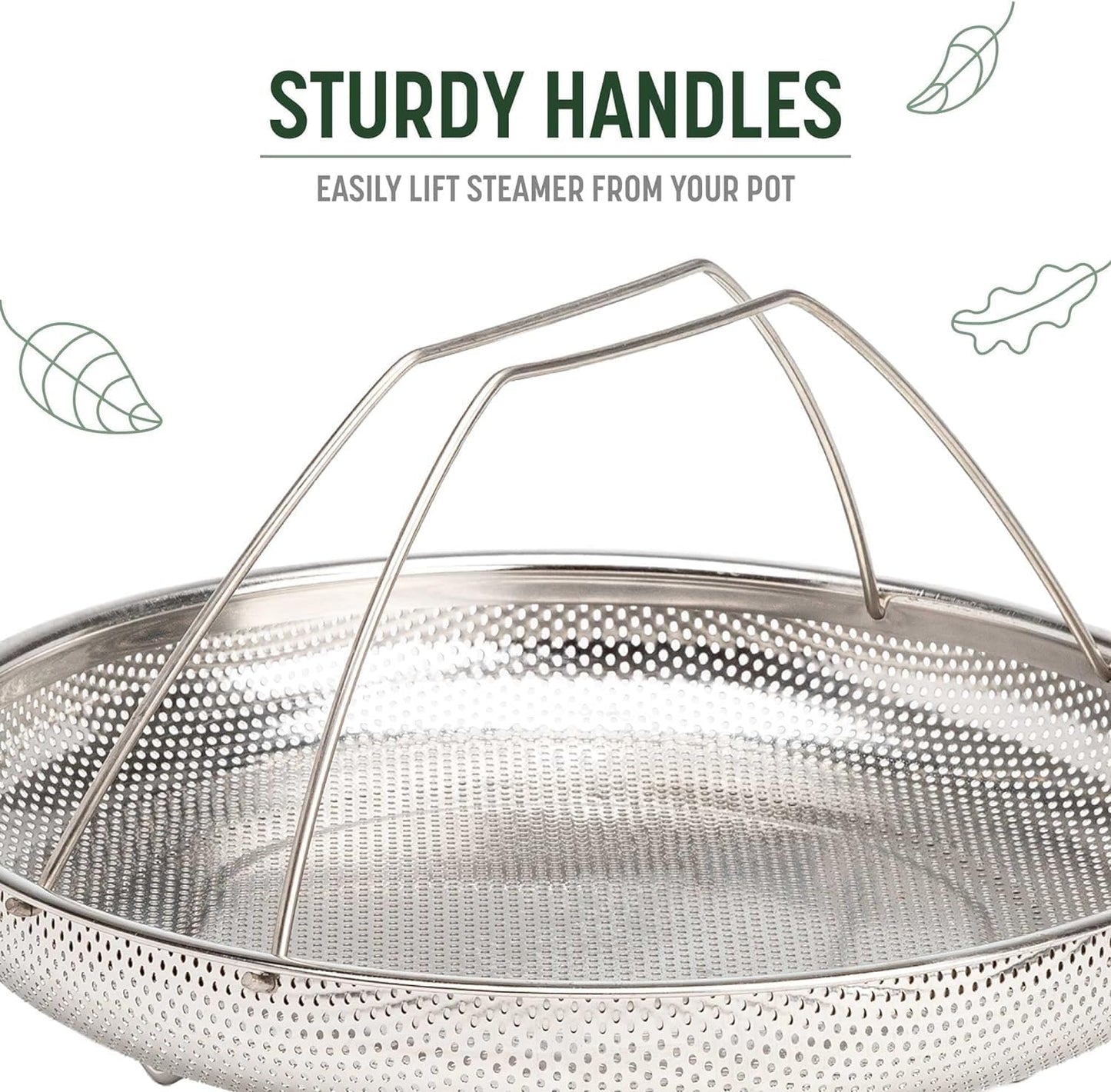 Metal steamer basket with sturdy handles on a white background