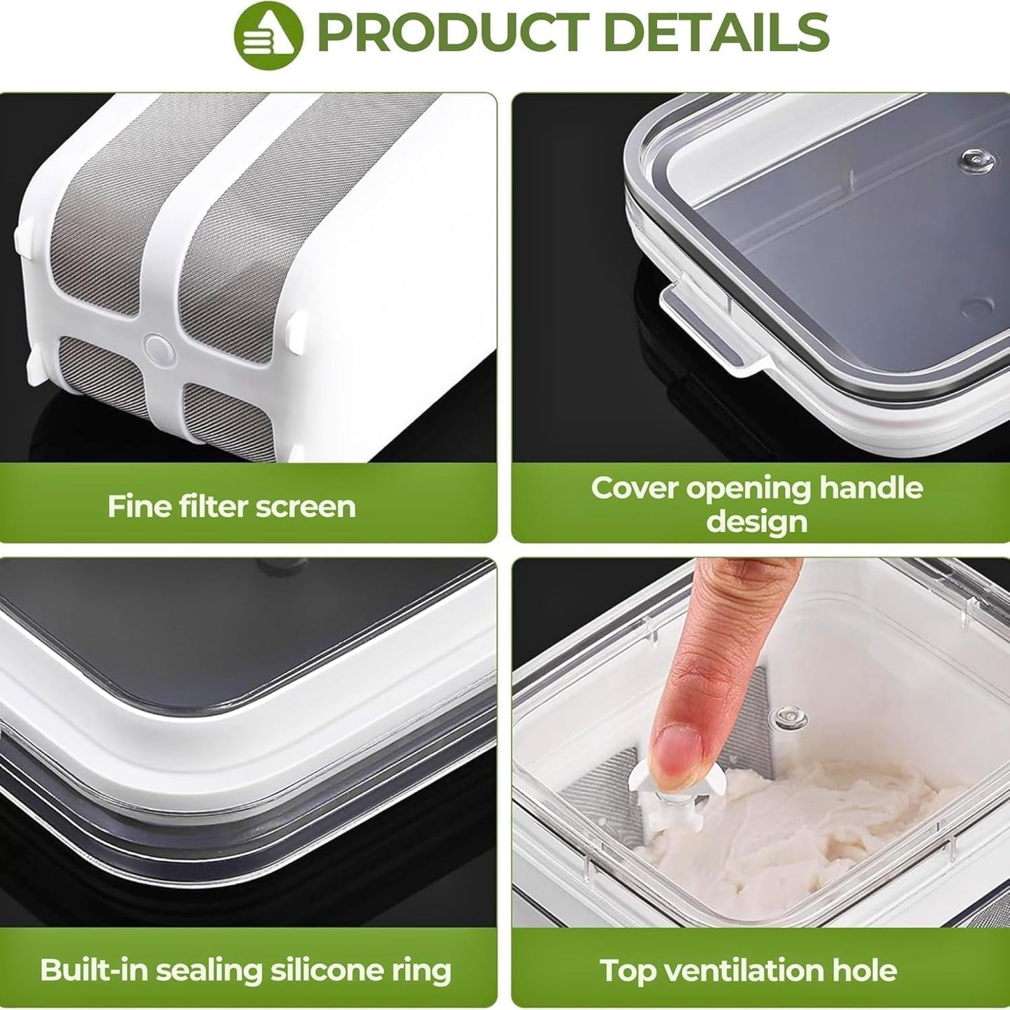 Product details of a kitchen container with features like a fine filter screen, cover opening handle, sealing silicone ring, and top ventilation hole.