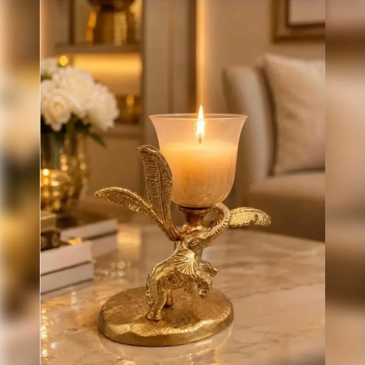 Kamadhenu lily candle holder, lit