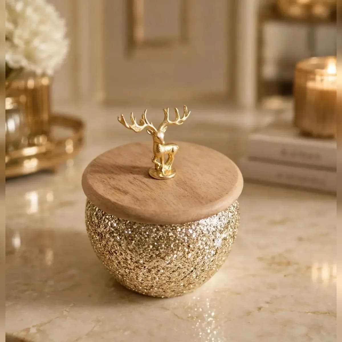 Mosaic metal jar with stag-knob wooden lid