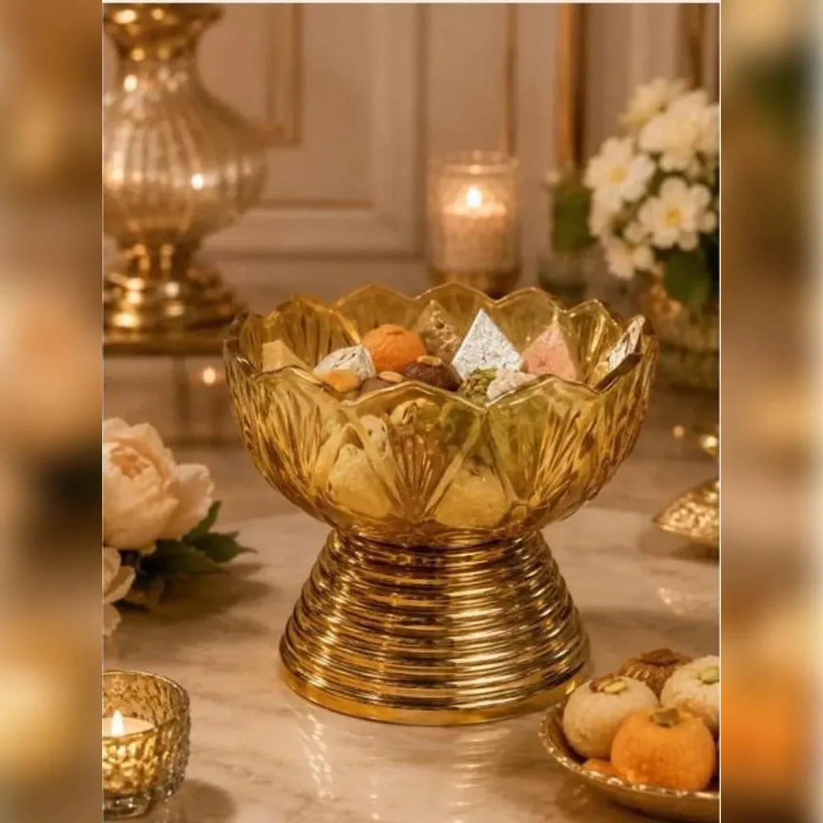 Lunar crystal glass bowl filled with mithai