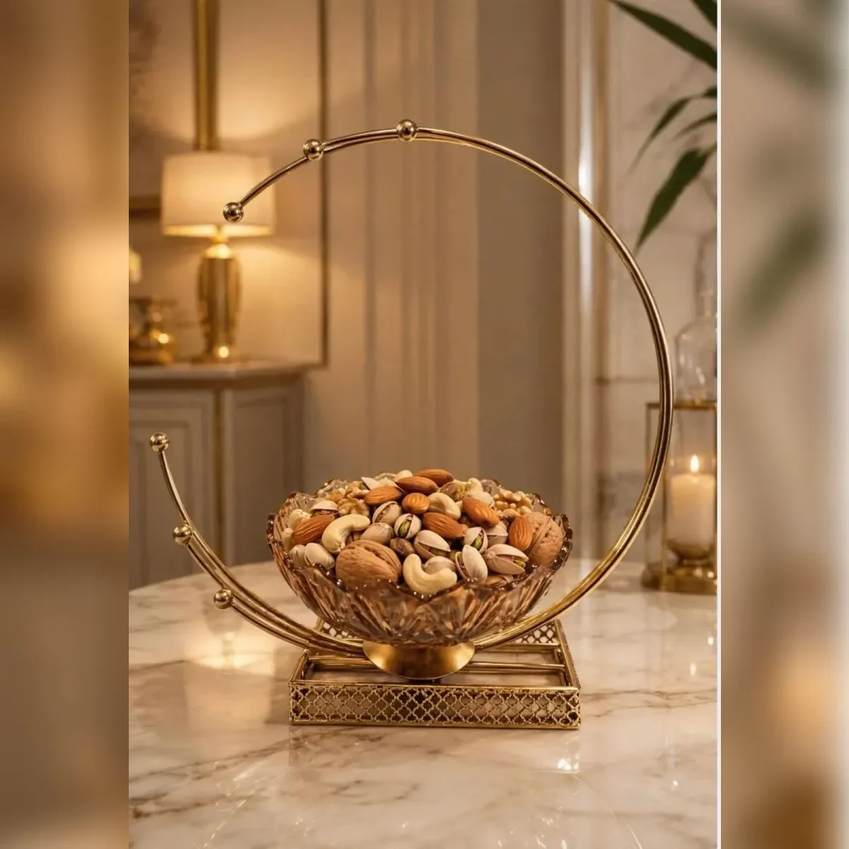Lunar crystal bowl and crescent stand filled with dry fruit