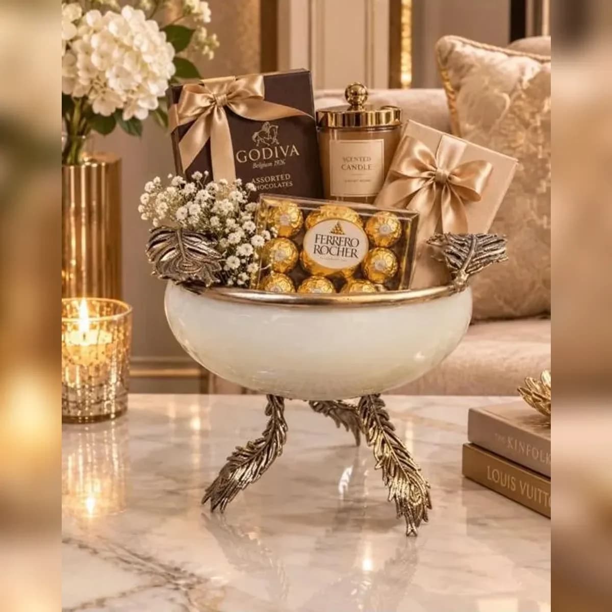 Large pearl feather gifting bowl styled as a hamper