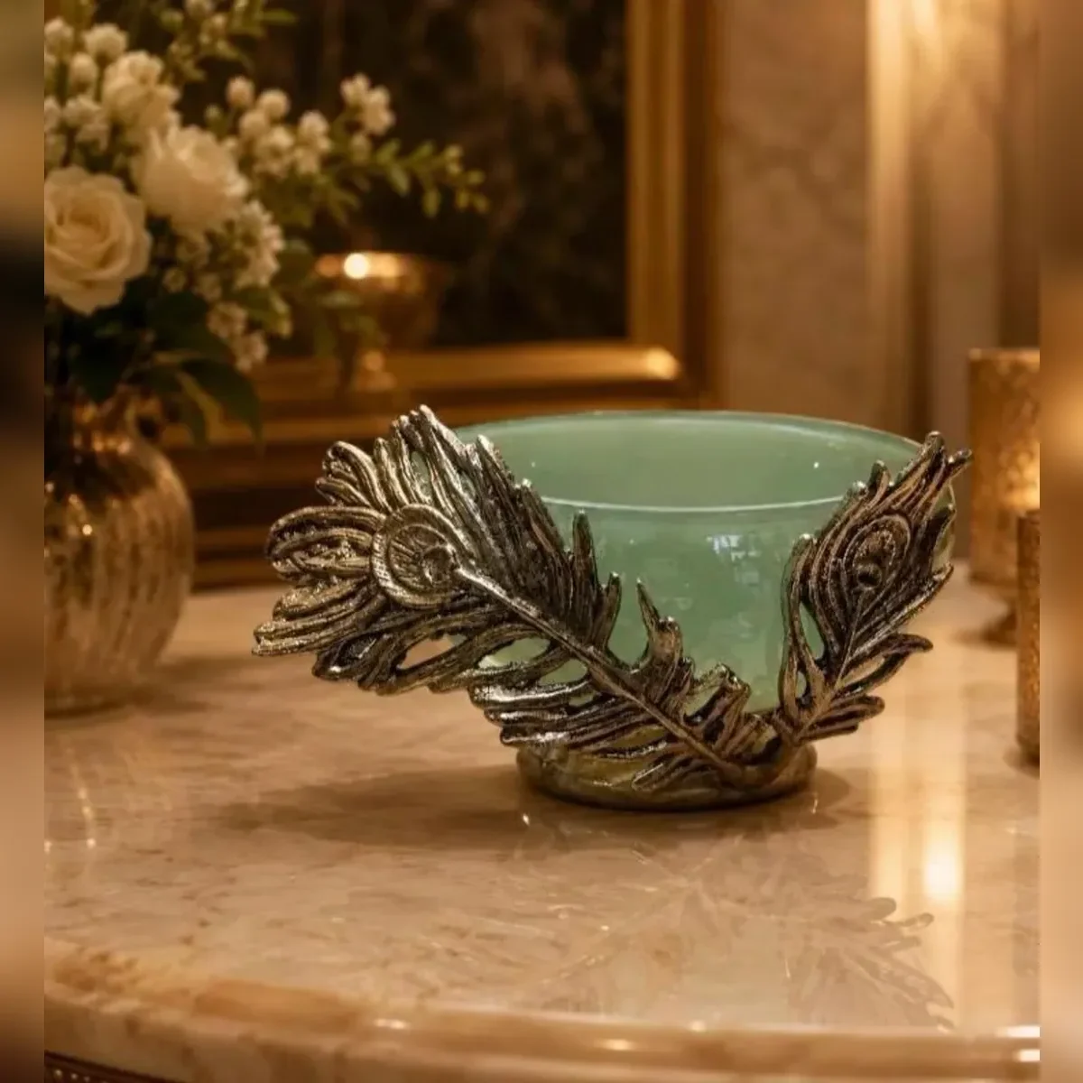 Small seafoam feather glass bowl