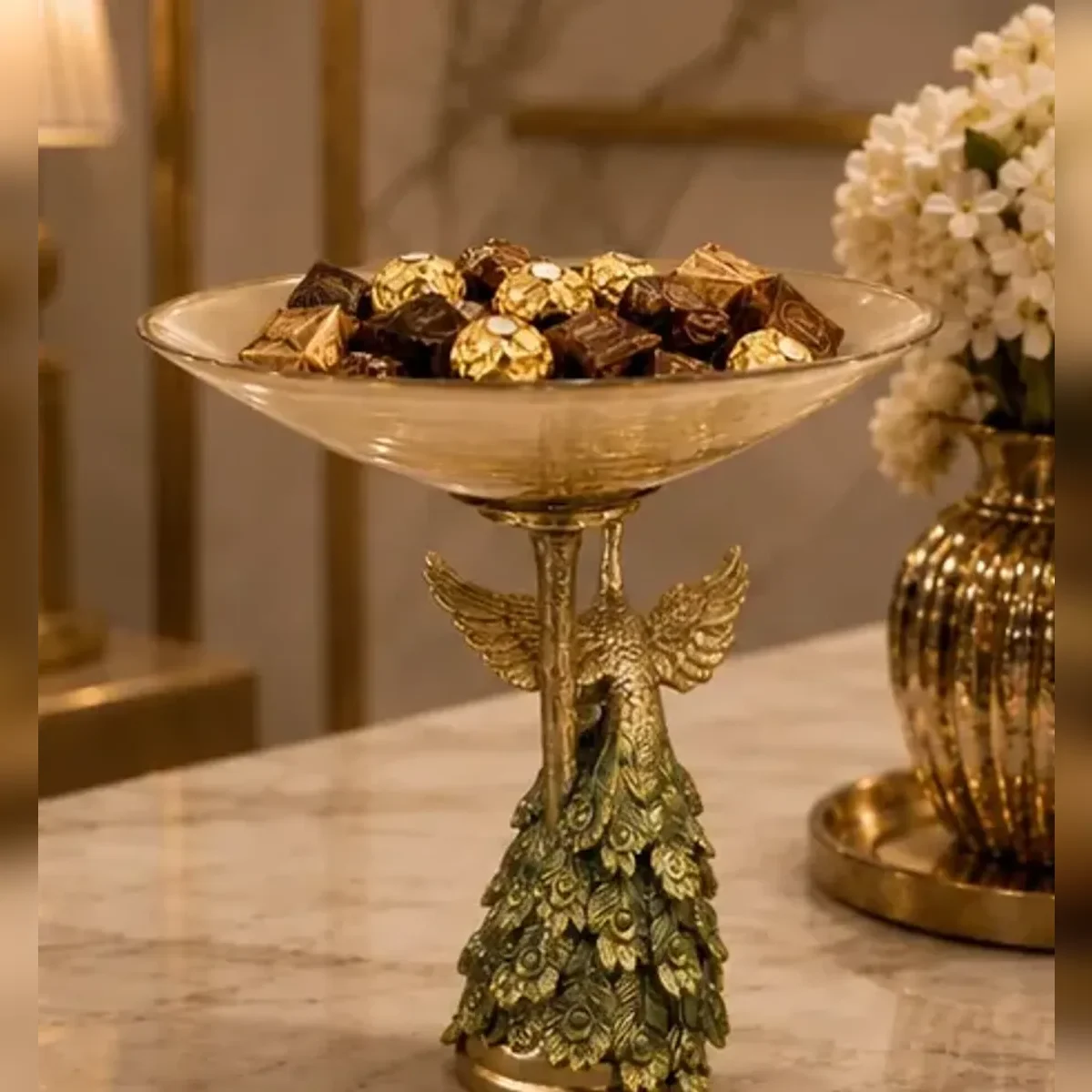 Peacock glass cake stand — front view
