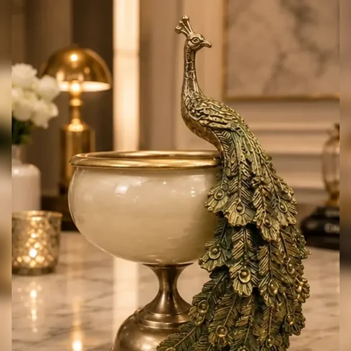 Peacock glass footed bowl — front view
