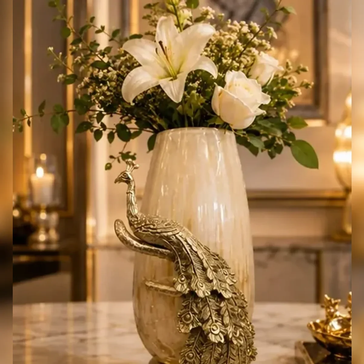 Peacock glass hurricane vase — front view