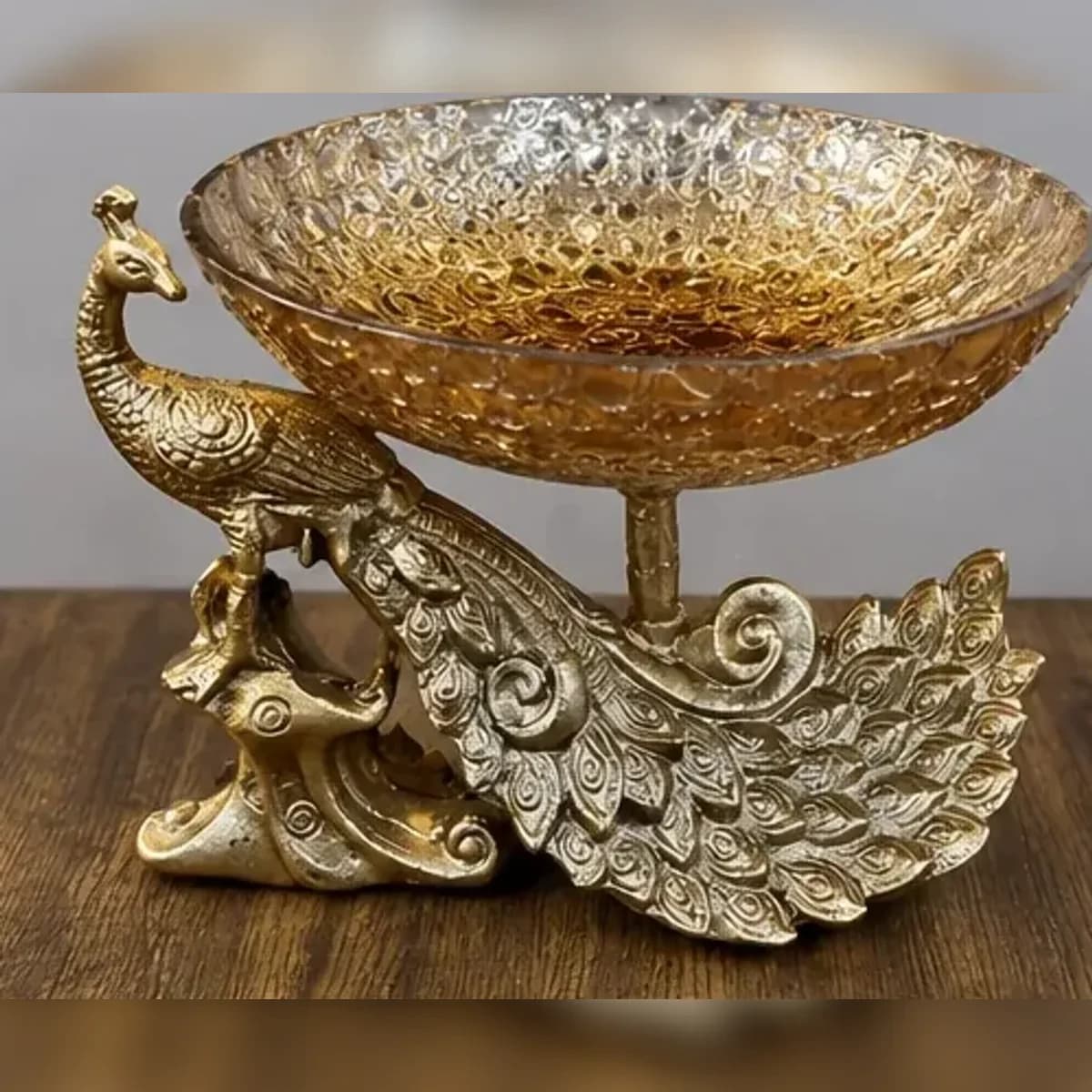 Peacock glass pedestal bowl — front view