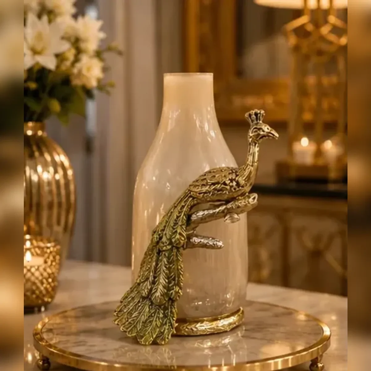 Peacock glass bottle vase — front view