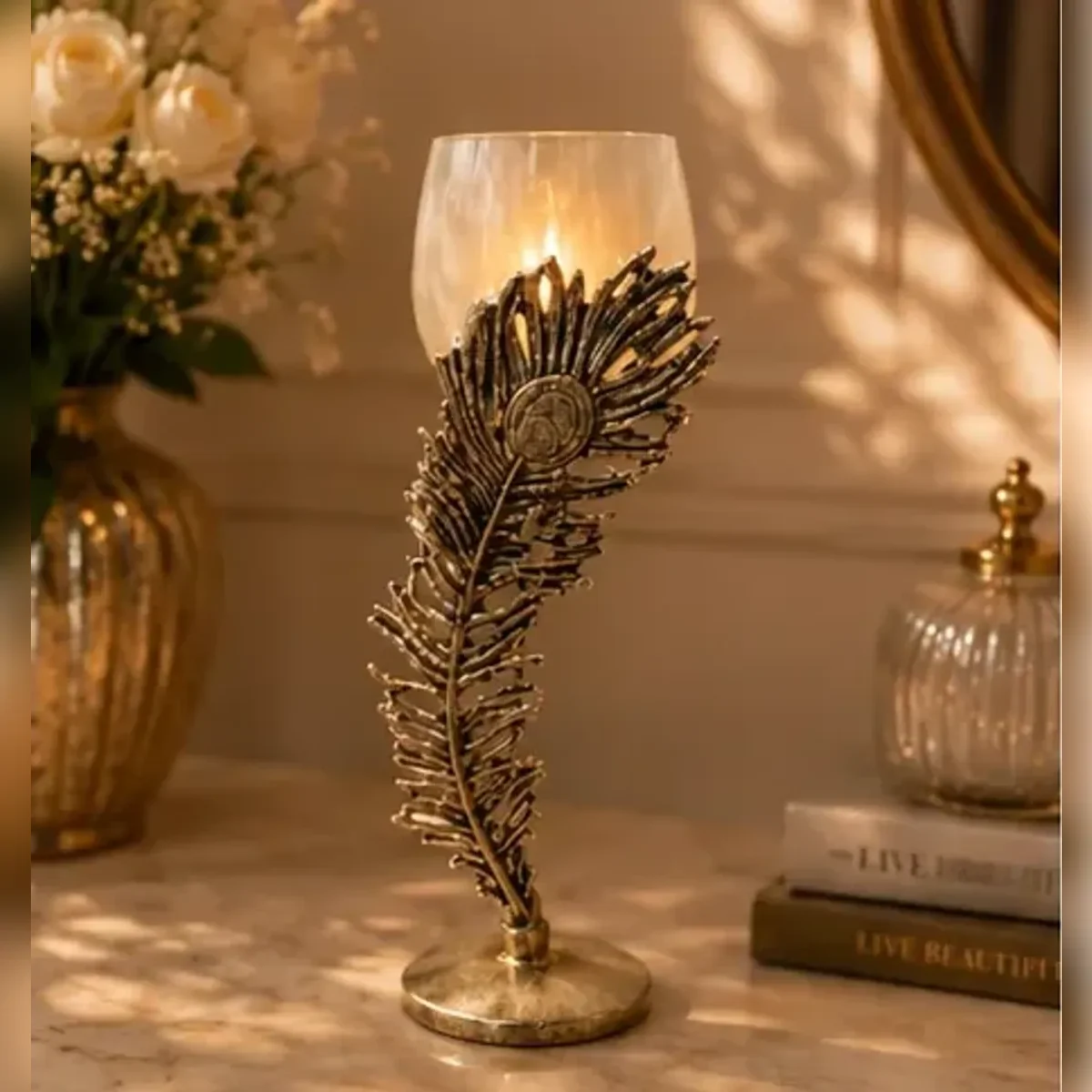 Medium feather glass candle holder — front view