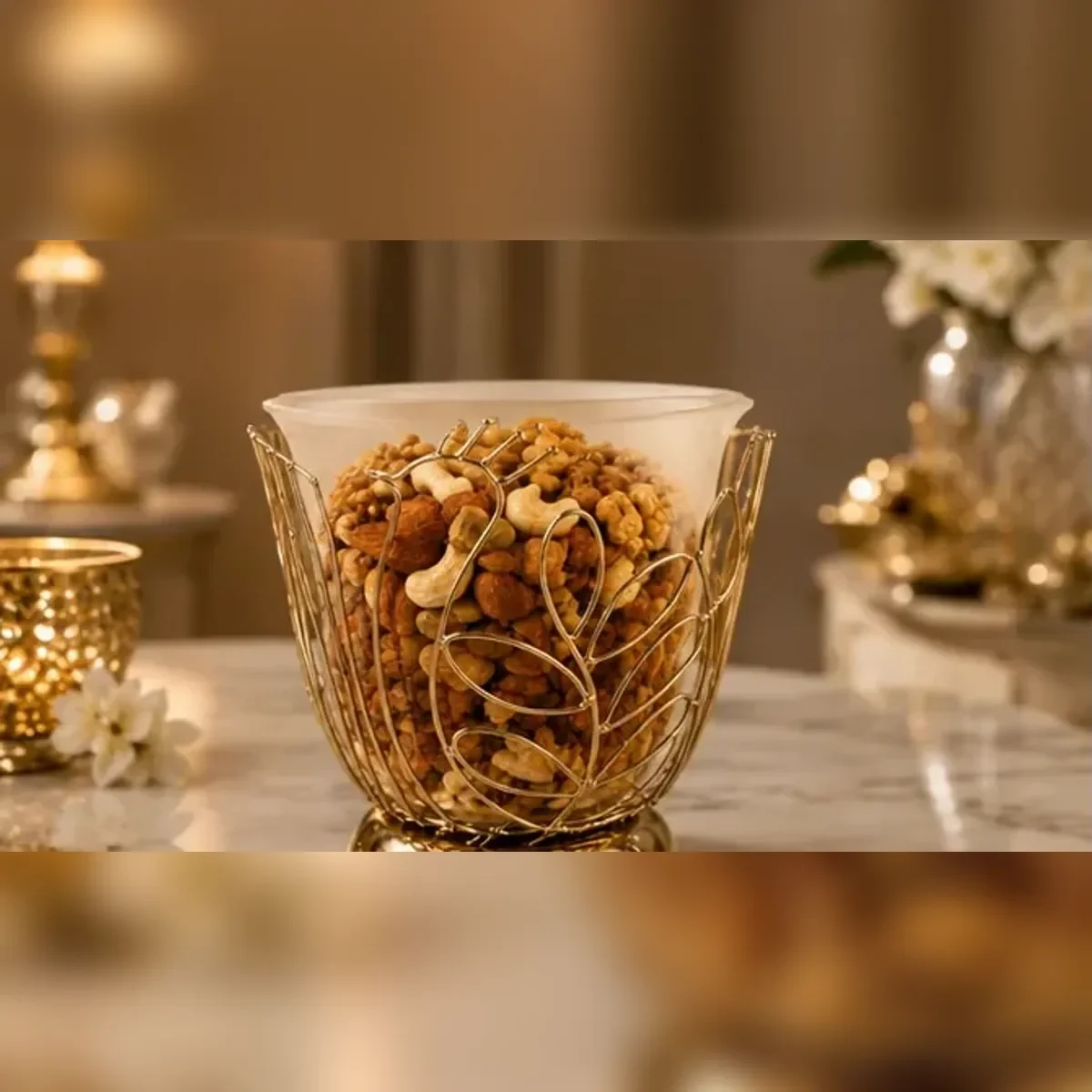 Glass wire jar filled with nuts — front view