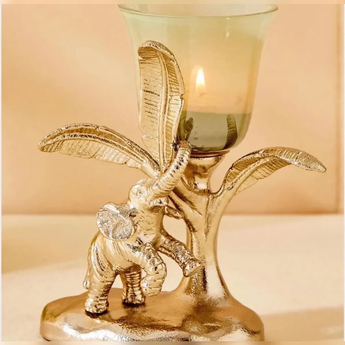 Elephant palm candle holder, lit