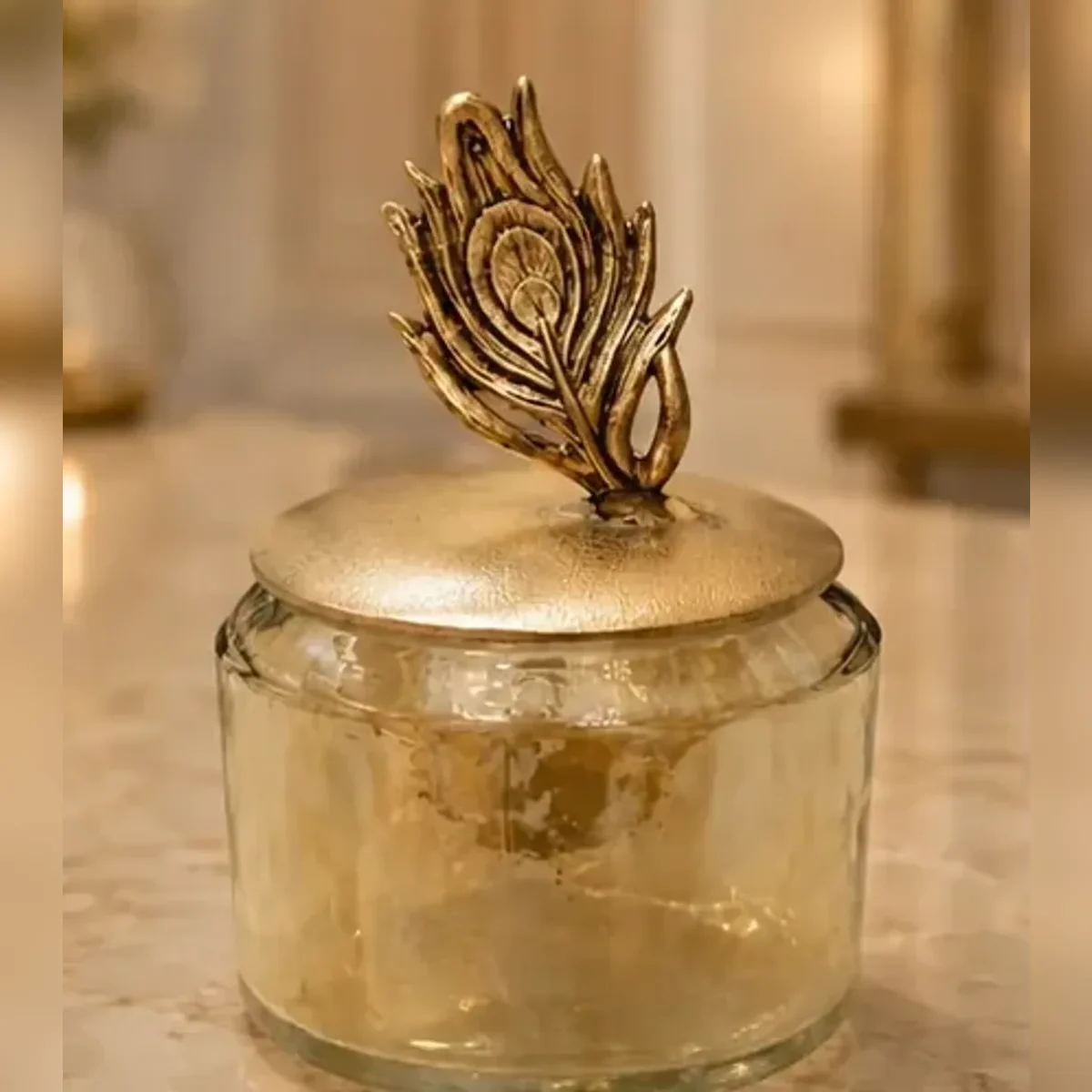 Gold feather dry fruit jar — front view