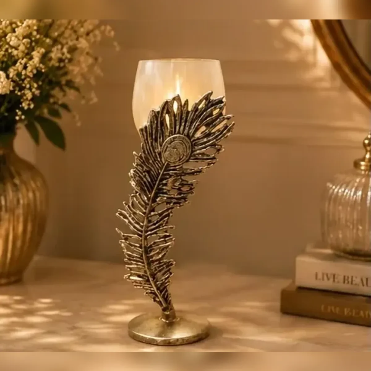 Tall feather glass candle holder — front view