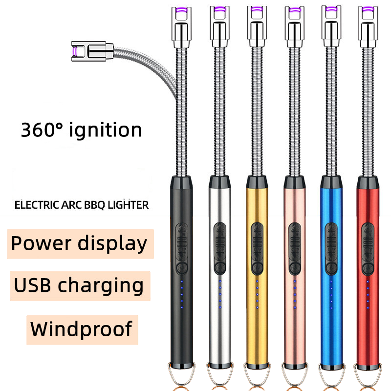 Rechargeable electric arc BBQ lighter with long neck, USB port, and safe ignition – perfect for grill, candle, or campfire use.


