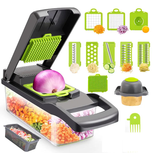 12-in-1 multifunctional vegetable cutter and slicer with green drain basket and interchangeable blades