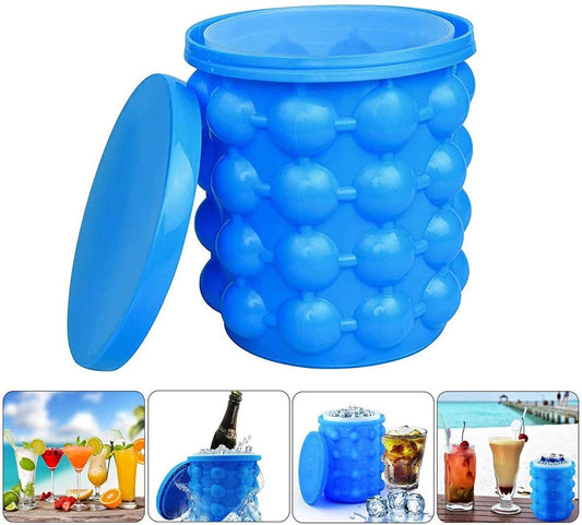 Blue silicone ice cube bucket mold with inner storage chamber and lid

