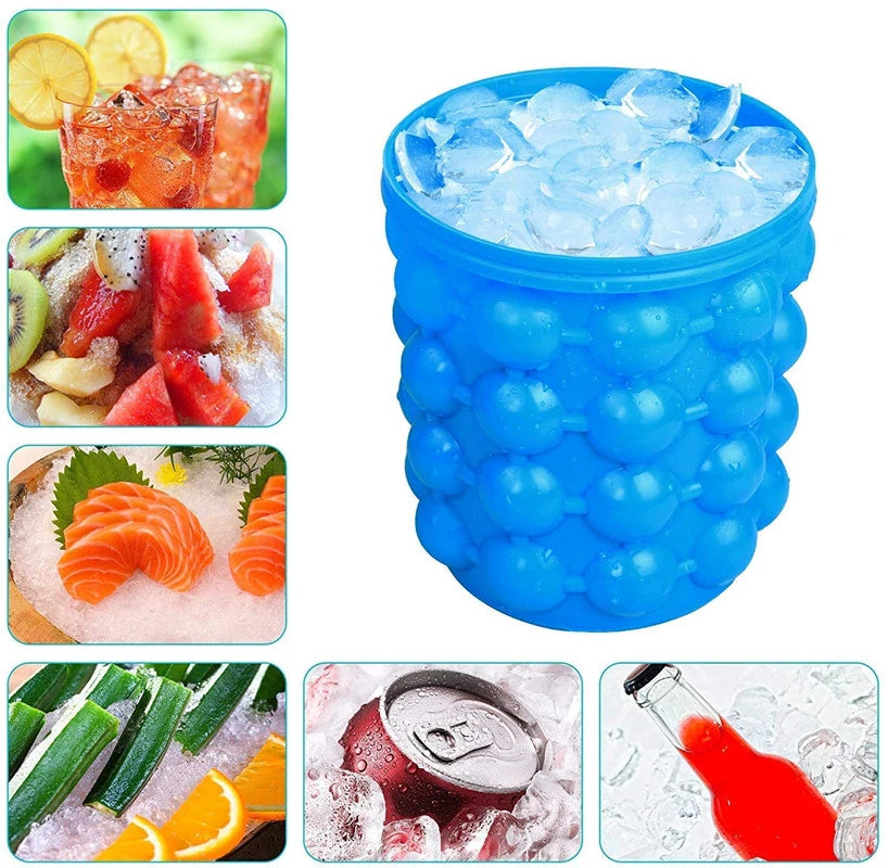 Blue silicone ice cube tray with images of food items being cooled.