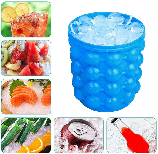Blue silicone ice cube tray with images of food items being cooled.