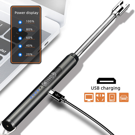 Rechargeable electric arc BBQ lighter with long neck, USB port, and safe ignition – perfect for grill, candle, or campfire use.

