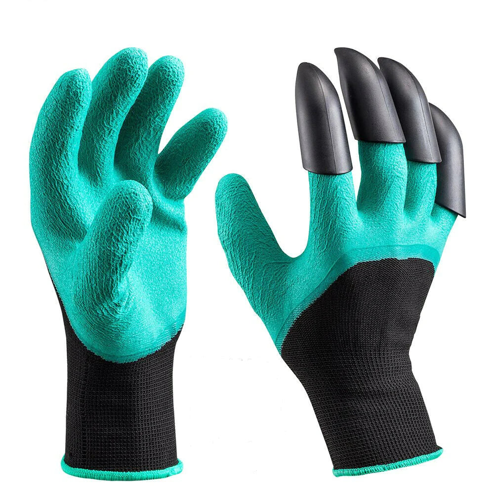 Pair of gardening gloves with black claws on a white background