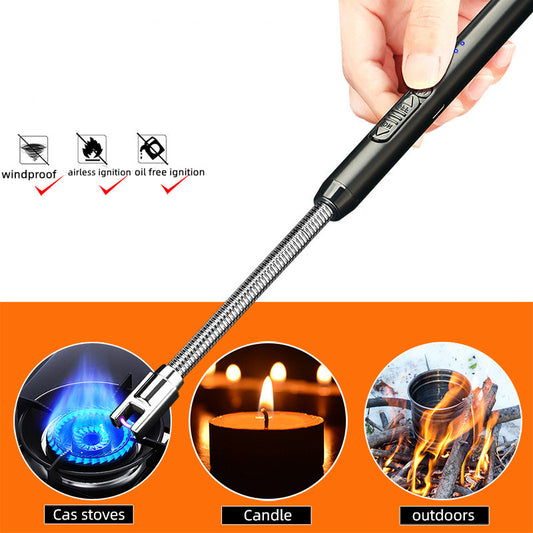 Rechargeable electric arc BBQ lighter with long neck, USB port, and safe ignition – perfect for grill, candle, or campfire use.

