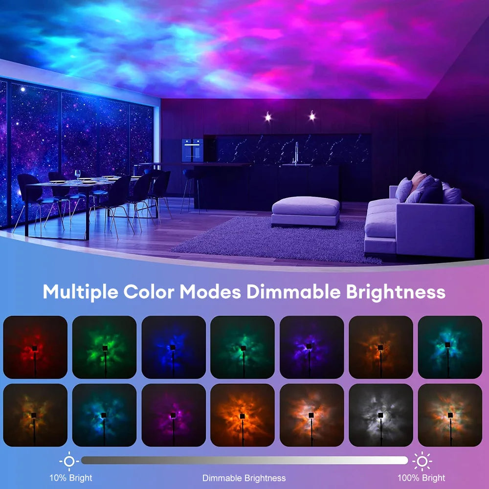 Living room with colorful LED ceiling lights and a display of color modes and brightness.