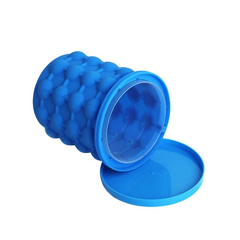Blue silicone ice cube bucket mold with inner storage chamber and lid

