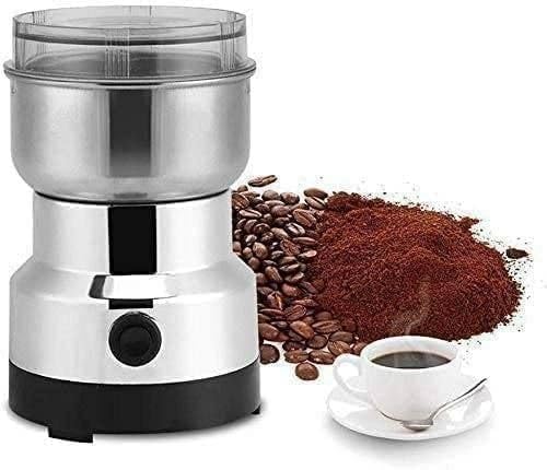 Coffee grinder with coffee beans and ground coffee on a white background