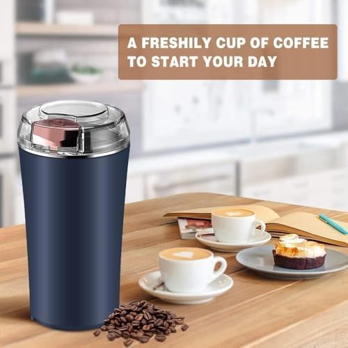 Blue travel mug on a table with coffee and snacks, text 'A Freshly Cup of Coffee to Start Your Day'.