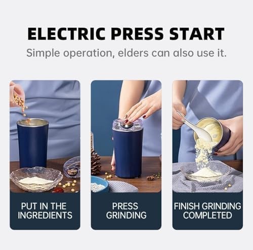 Step-by-step guide on using an electric Coffee Grinder
with text indicating it's simple for elders to use.