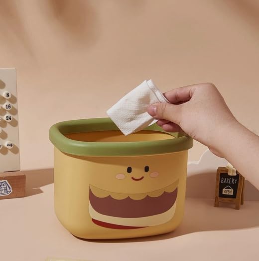 Mini hamburger shaped trash cans in cream and yellow with cute expressions – perfect for small spaces and desk organization.

