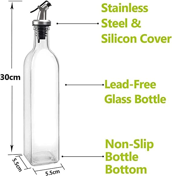 Glass bottle with stainless steel spout and dimensions labeled