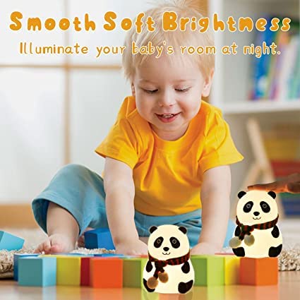 Child playing with panda toys on a colorful floor, with text about smooth soft brightness.