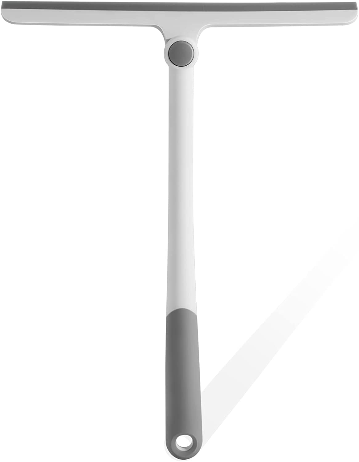 360-degree rotatable glass wiper with silicone blade and extendable handle for cleaning shower doors, windows, and mirrors.

