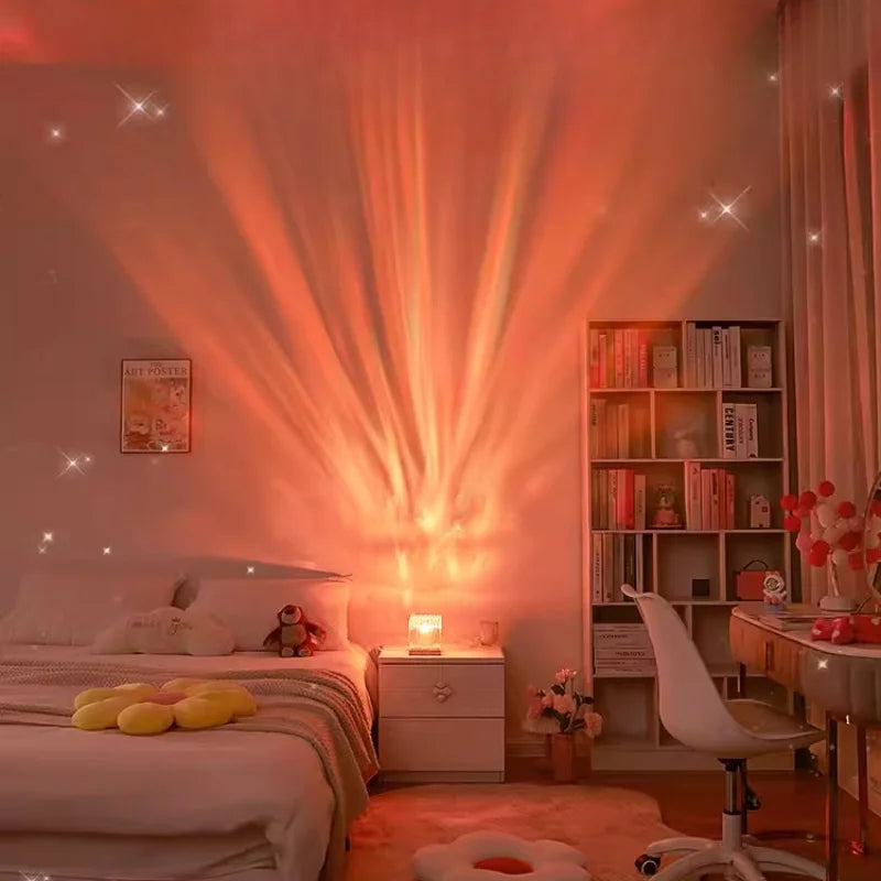 Cozy bedroom with warm lighting, bed, bookshelf, and desk.