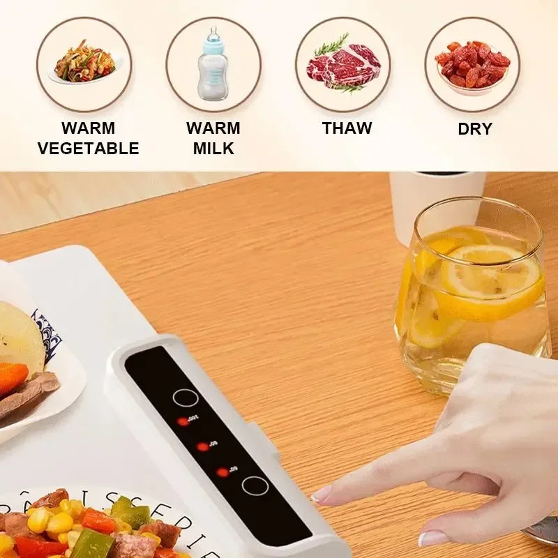 Multifunctional food warmer with buttons labeled for different settings on a wooden table.